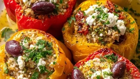 Greek chicken stuffed peppers with herbs and feta cheese