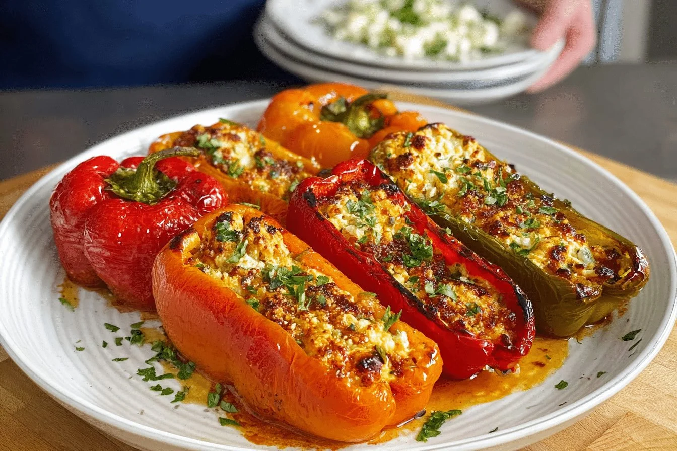 Plate of Greek stuffed peppers filled with rice, herbs, and vegetables.