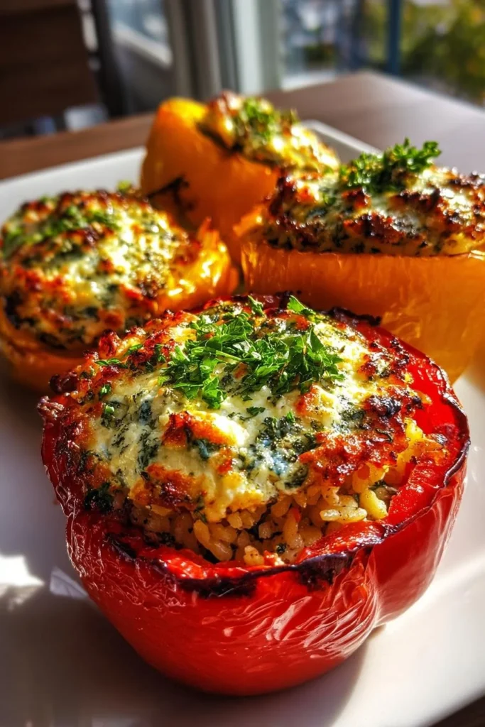 Greek-style stuffed peppers topped with herbs and spices on a plate.