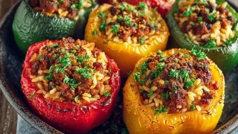 Greek-Style Stuffed Peppers filled with rice, feta, and herbs
