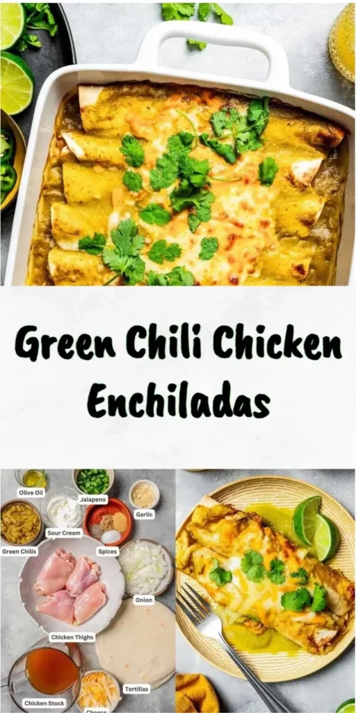 Delicious Green Chili Chicken Enchiladas topped with green sauce and cheese.