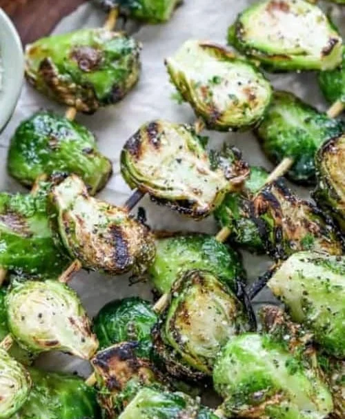 Delicious grilled Brussels sprouts skewers on a barbecue grill