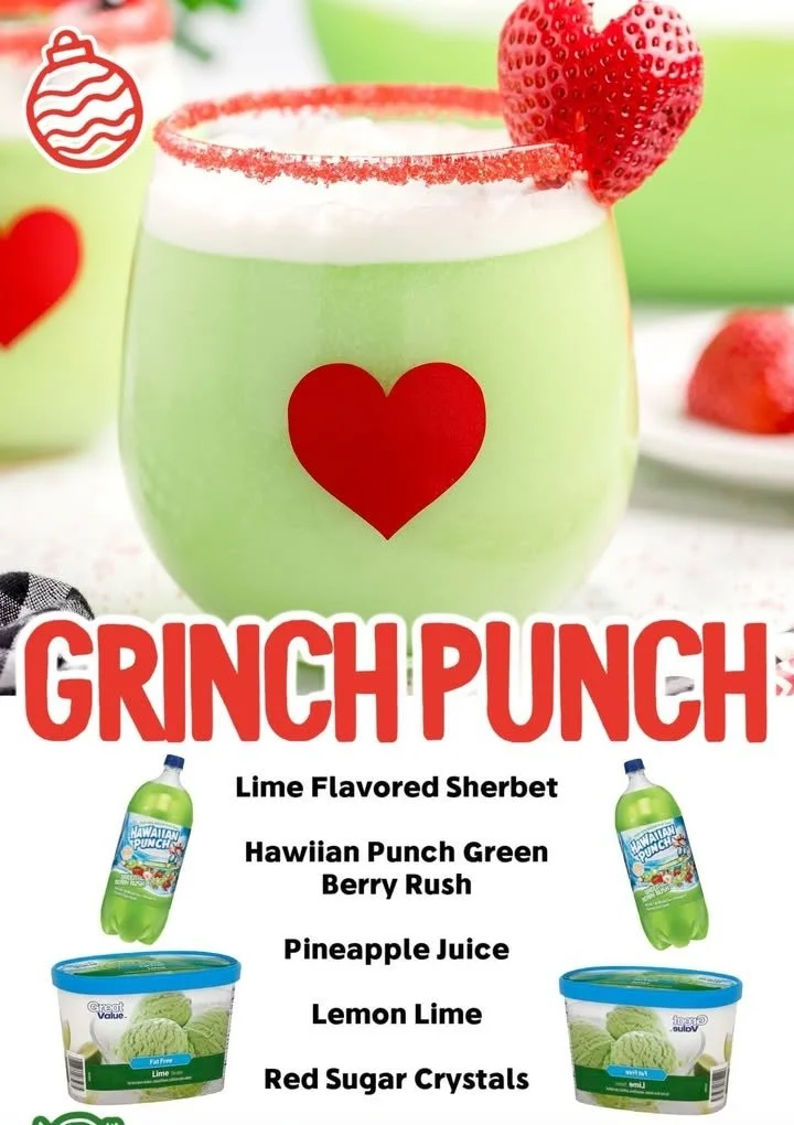 A festive bowl of Grinch Punch featuring vibrant green color and holiday decorations.