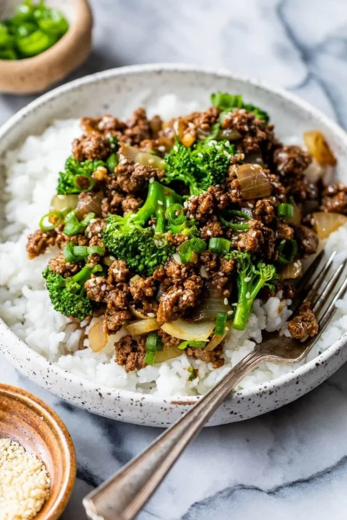 Delicious ground beef and broccoli stir-fry served in a bowl with vibrant colors.