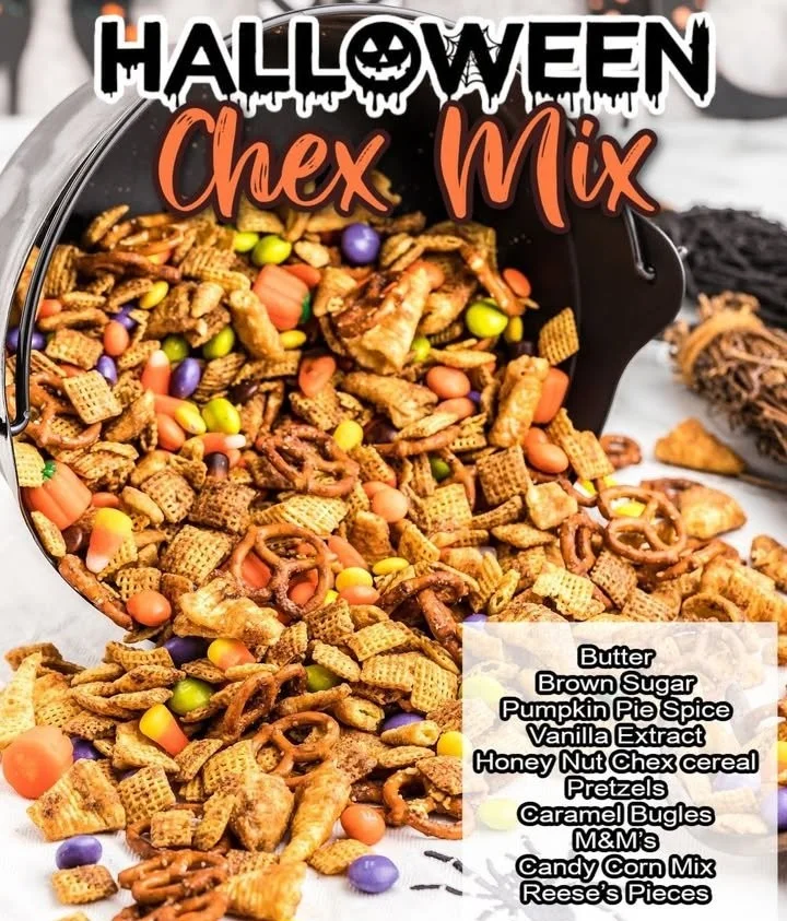 Bowl of colorful Halloween Chex Mix with festive candies and spooky shapes