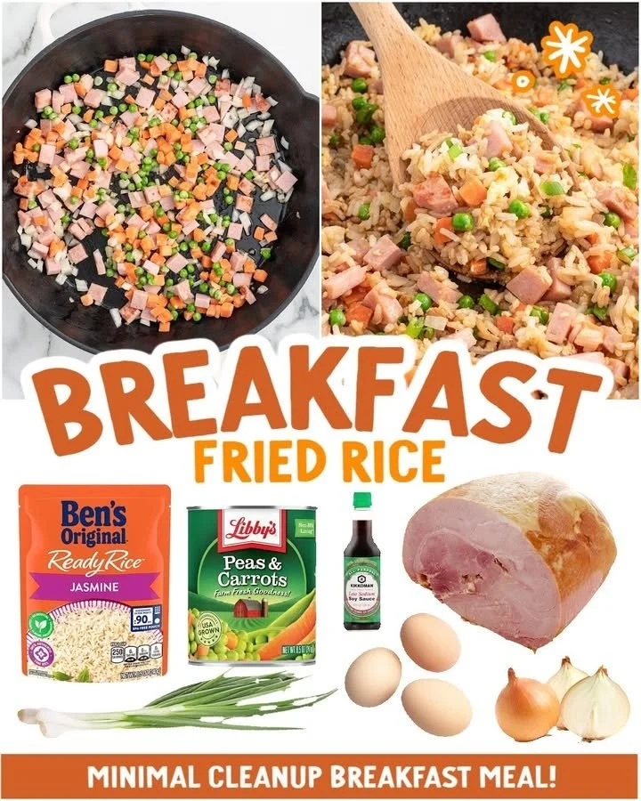 A plate of delicious ham fried rice with veggies and eggs, garnished and ready to serve.