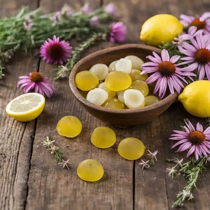Homemade herbal cough drops made with honey, lemon, and ginger