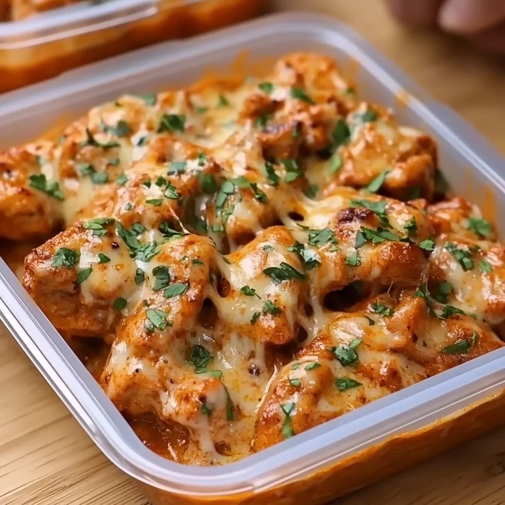 Creamy garlic cheesy chicken served with potatoes, high in protein.