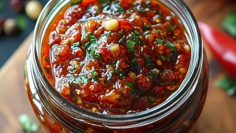 Jar of homemade chili garlic sauce with fresh ingredients beside it