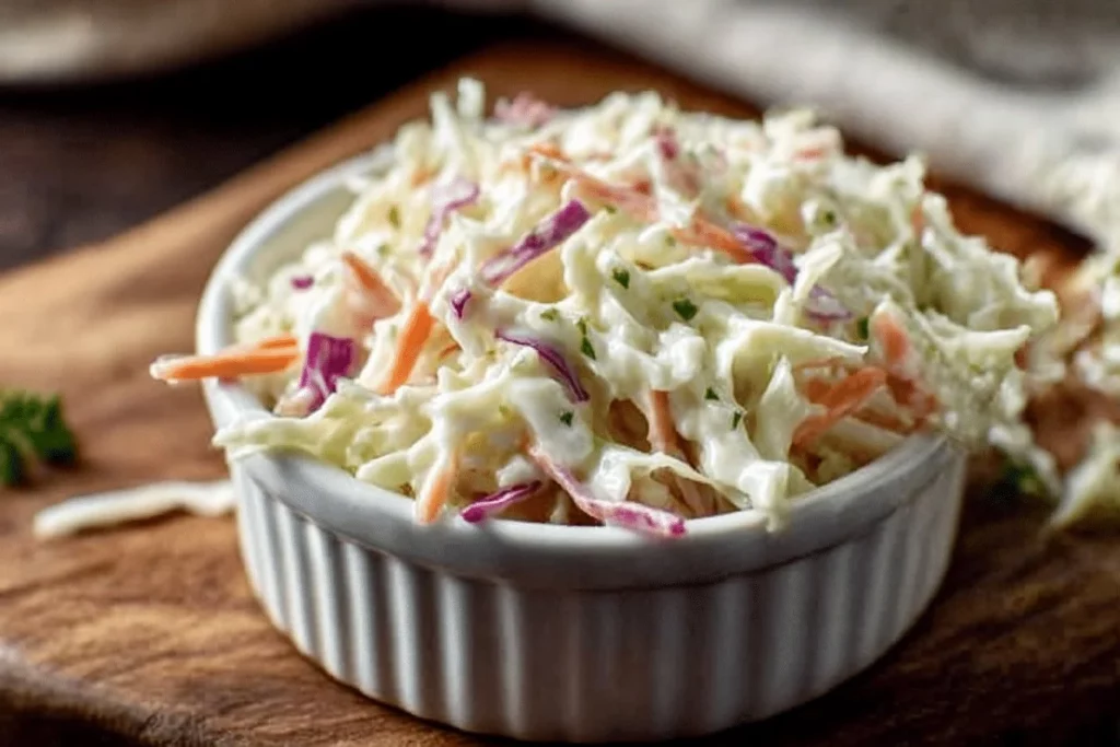 Bowl of homemade coleslaw without sweetness, featuring shredded cabbage and carrots.