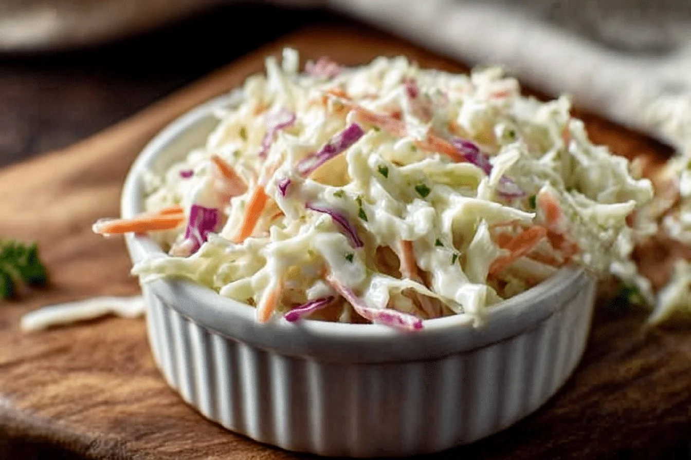 Bowl of homemade coleslaw without sweetness, featuring shredded cabbage and carrots.
