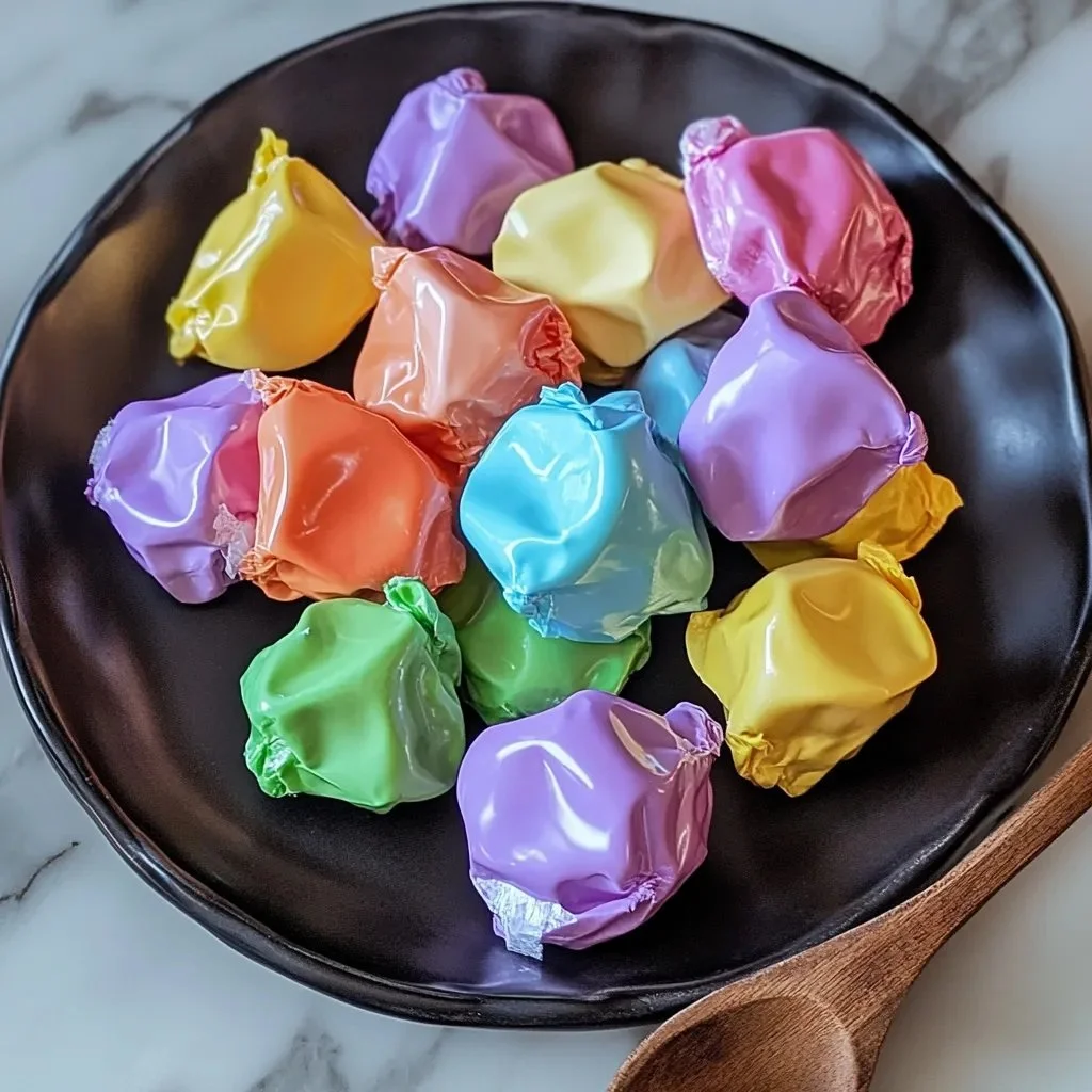 Colorful homemade Kool-Aid taffy on a white plate
