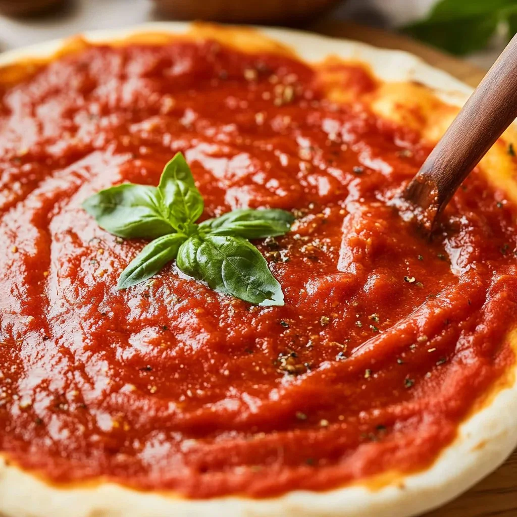 Bowl of homemade pizza sauce with herbs and tomatoes, perfect for pizza recipes.