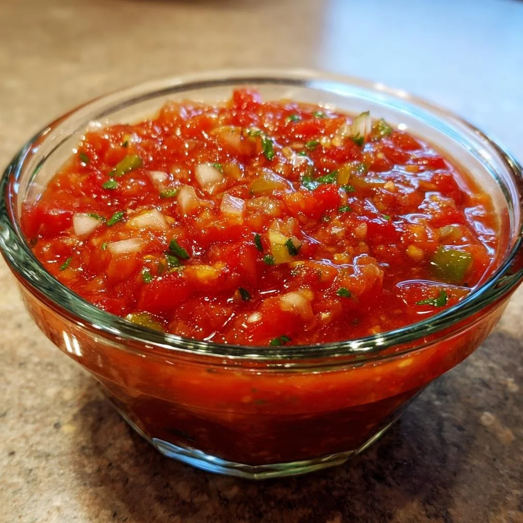 Jars of homemade salsa ready for canning with fresh tomatoes and herbs