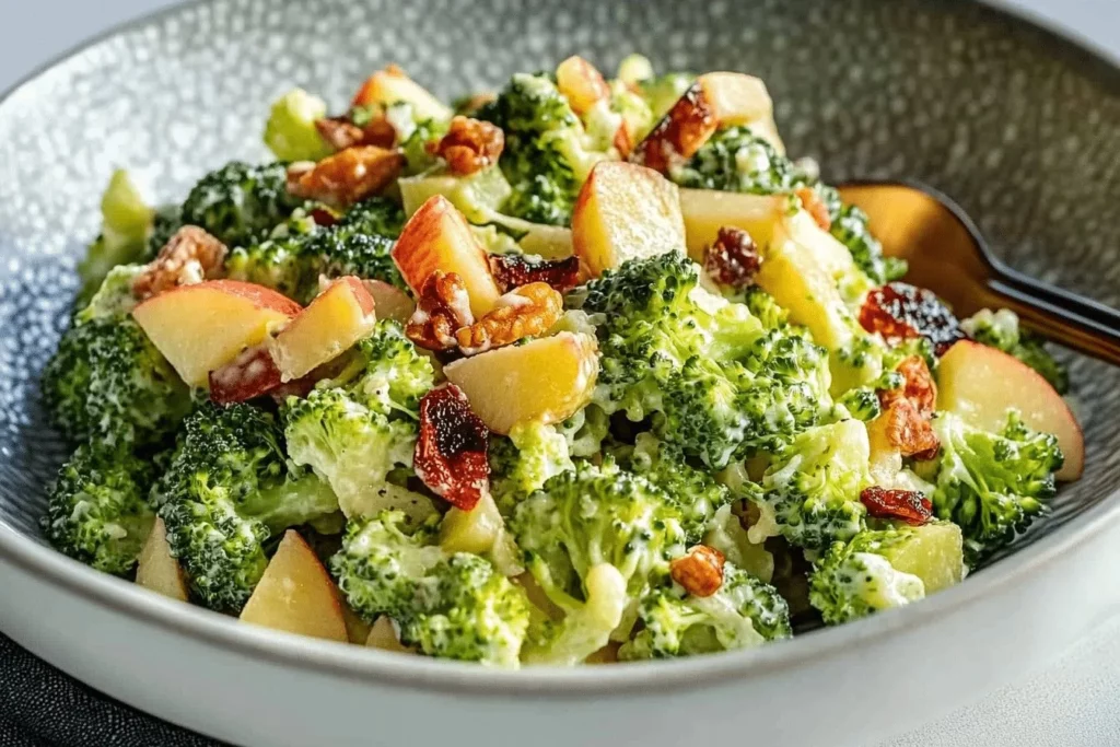 Honeycrisp apple broccoli salad with fresh ingredients and vibrant colors.