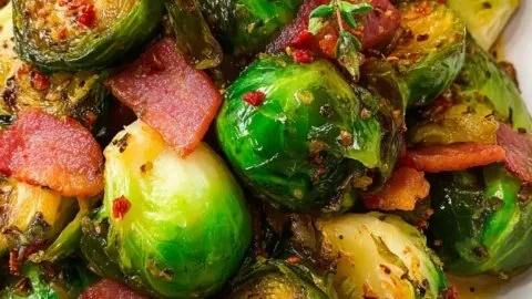 Hot Honey Brussels Sprouts with Bacon garnished and ready to serve