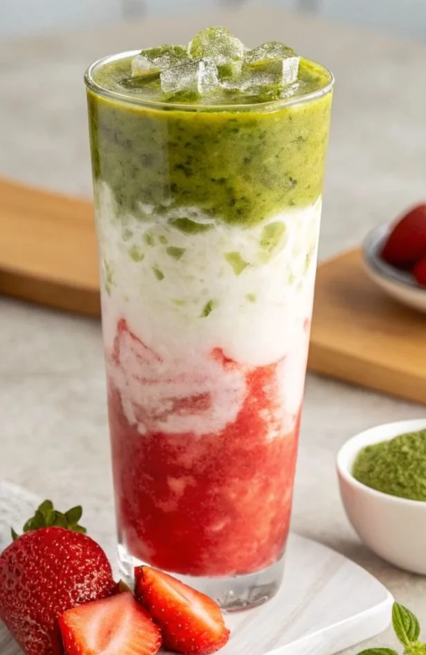 Iced Strawberry Matcha Latte with strawberries and matcha powder