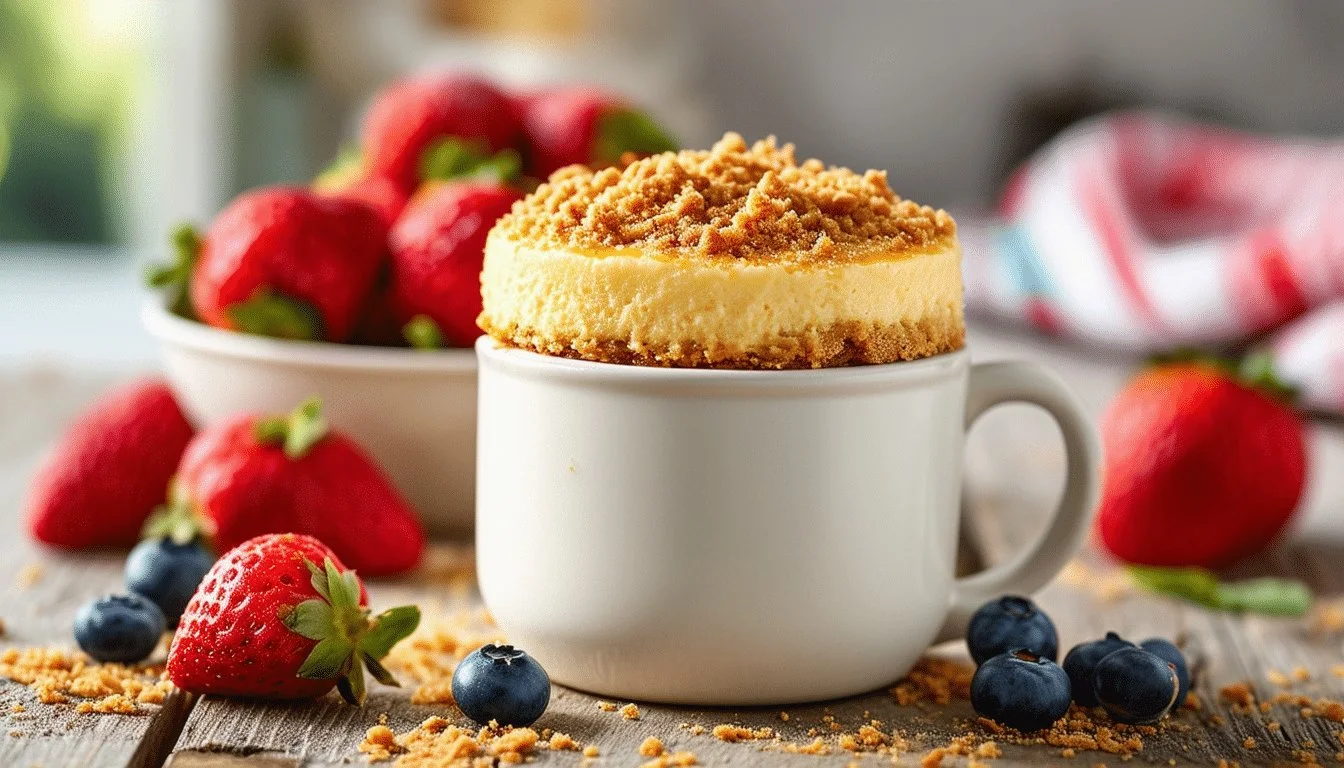 Delicious instant cheesecake mug cake topped with whipped cream