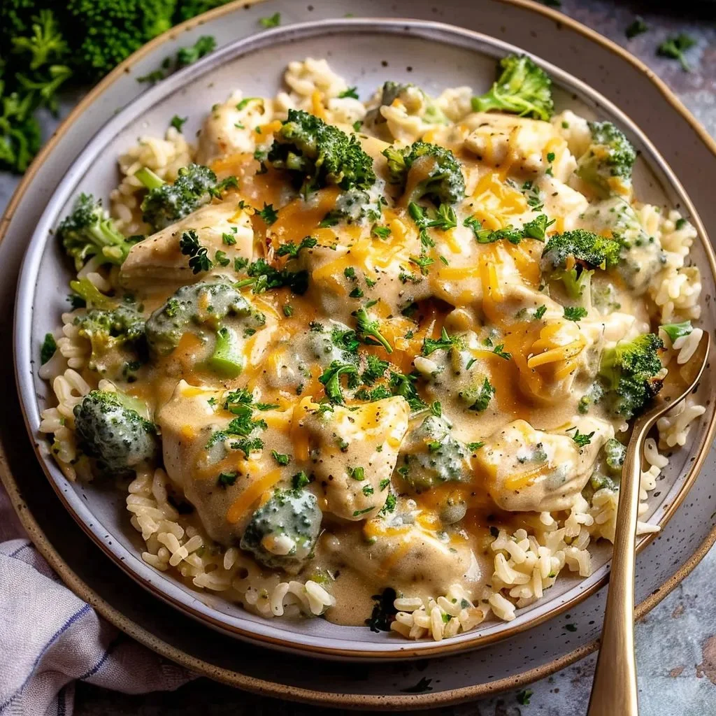 Creamy broccoli cheddar chicken cooked in a crockpot, garnished and ready to serve