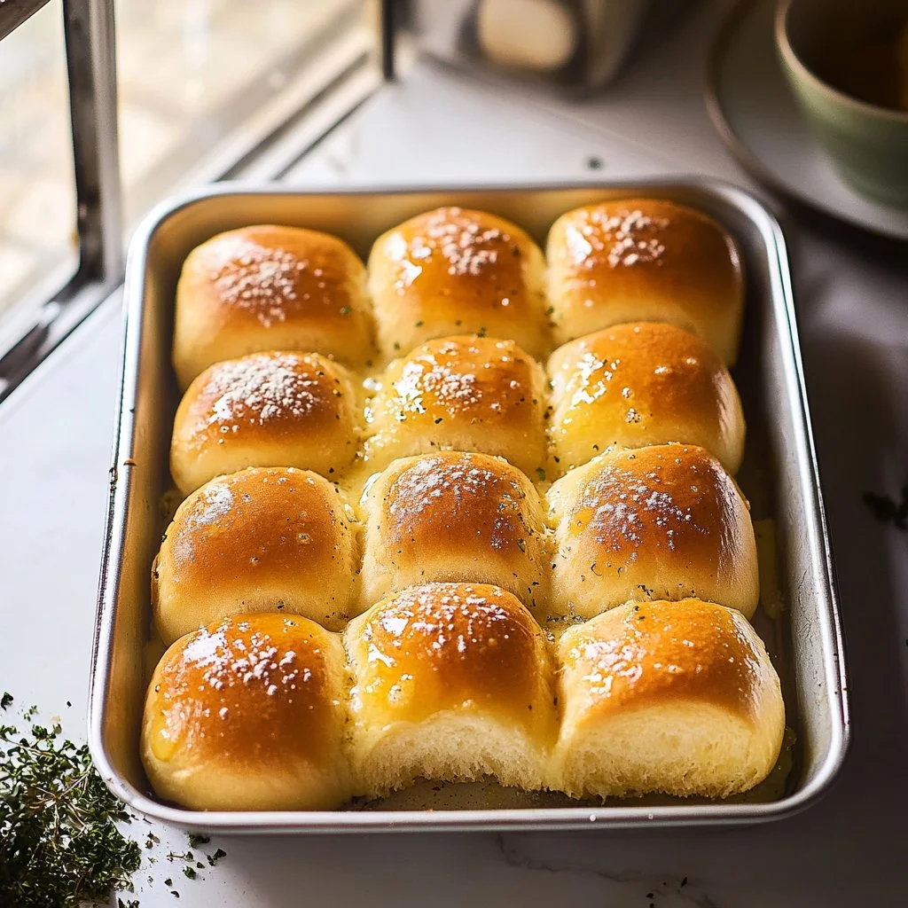 Delicious garlic butter rolls fresh out of the oven, golden and fluffy
