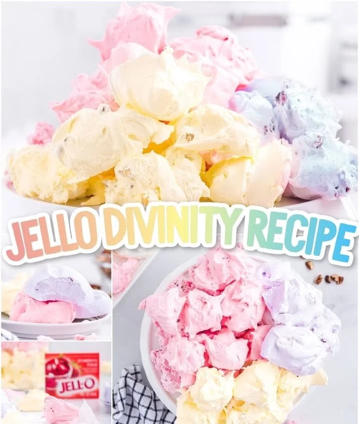 Colorful Jello Divinity dessert garnished with whipped cream and fruit.