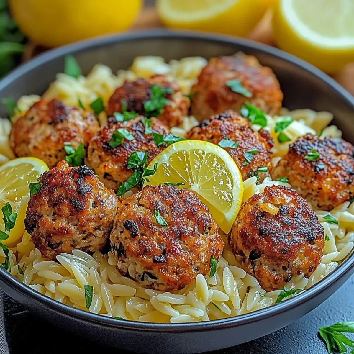 Juicy Greek chicken meatballs served with zesty lemon orzo on a plate