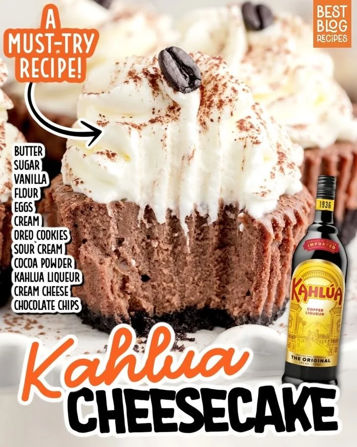 Delicious Kahlua Cheesecake topped with chocolate and coffee flavors.
