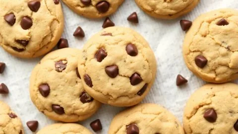 Delicious Keto Chocolate Chip Cookies on a rustic wooden table
