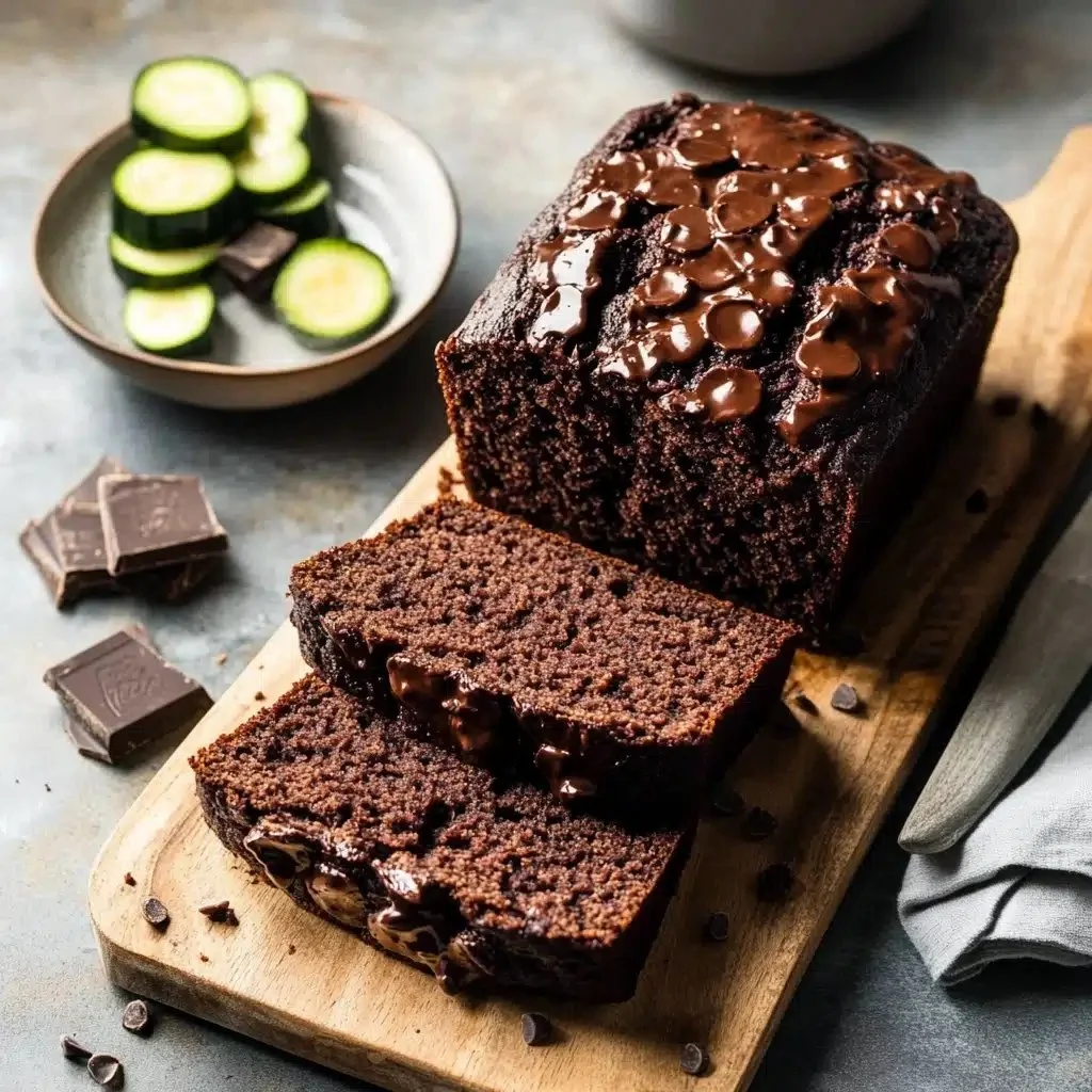 Delicious Keto Chocolate Zucchini Bread sliced on a wooden board