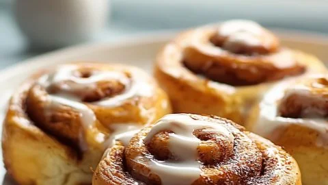 Delectable Keto Cinnamon Rolls topped with icing on a rustic wooden table