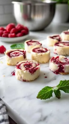 Keto Raspberry Cheesecake Bites arranged on a plate with fresh raspberries