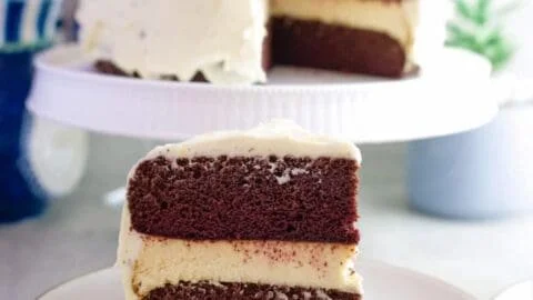 Keto Red Velvet Cheesecake with a creamy layer and rich red velvet texture