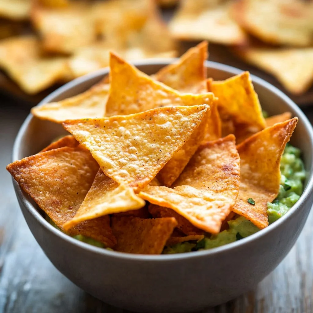 Bowl of crispy Keto Tortilla Chips with a side of guacamole