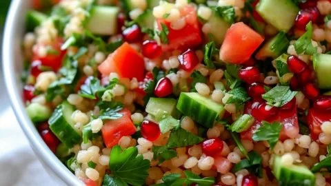 A colorful bowl of Kısır Salad with parsley, tomatoes, and bulgur wheat.