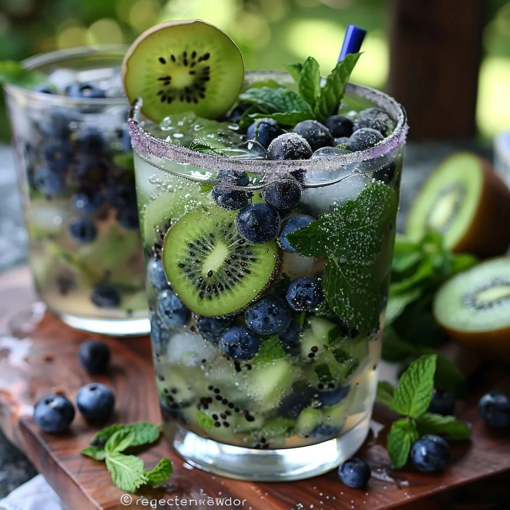 Refreshing Kiwi Blueberry Mojito cocktail in a glass with mint leaves.