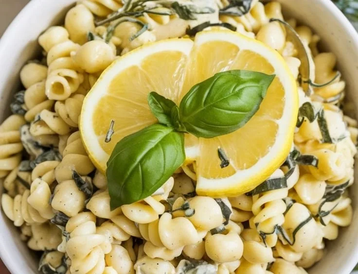 Bowl of vibrant Lemon Basil Pasta Salad with fresh basil and lemon slices.