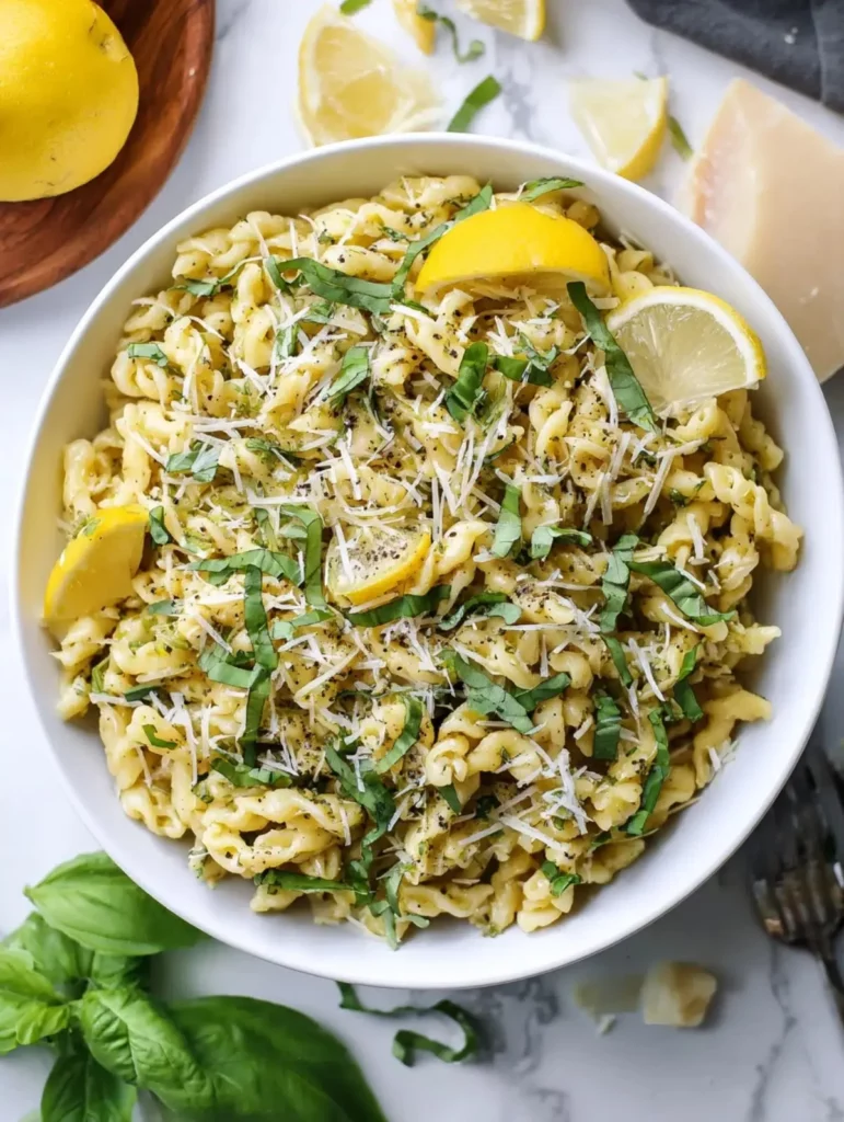 Bowl of lemon basil pasta salad with vegetables and herbs