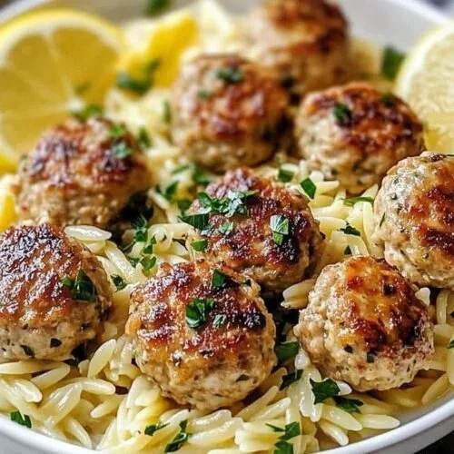 Lemon Chicken Ricotta Meatballs served with Garlic Orzo