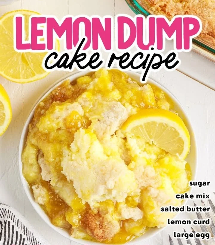 Slice of lemon dump cake topped with whipped cream and lemon slices