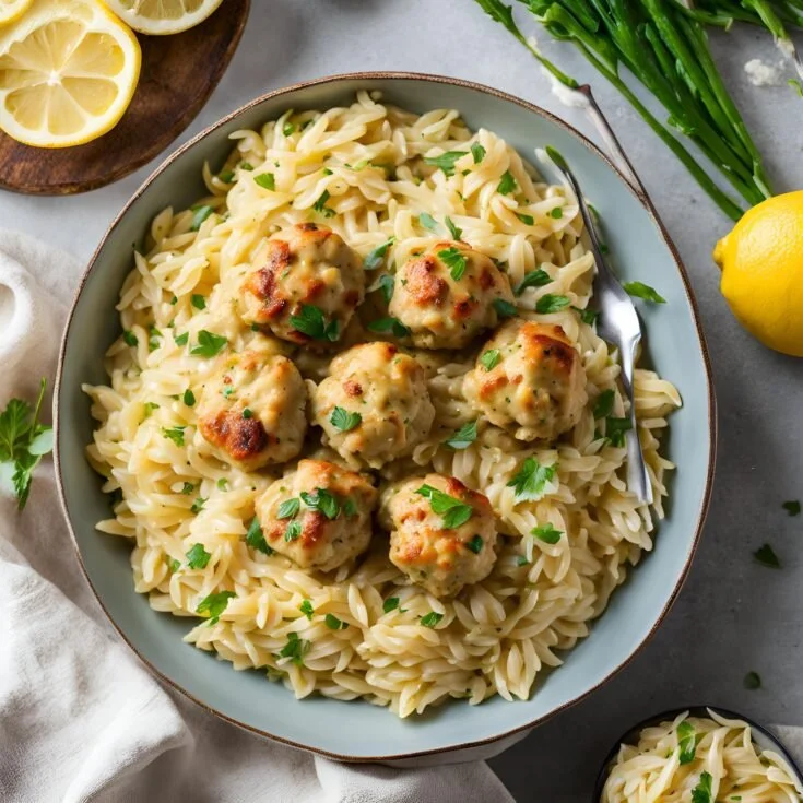 Lemon garlic chicken meatballs served over creamy orzo with fresh herbs.