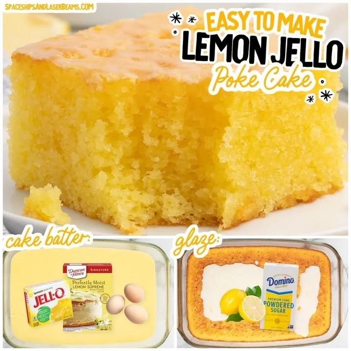 Delicious Lemon Jello Cake with a vibrant yellow frosting and lemon slices