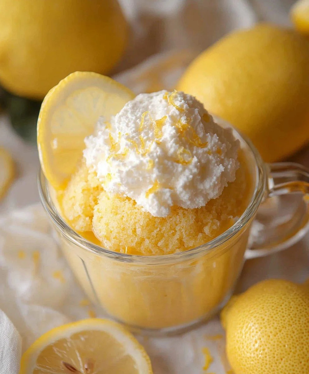 Delicious lemon mug cake in a white mug with a slice of lemon on the side