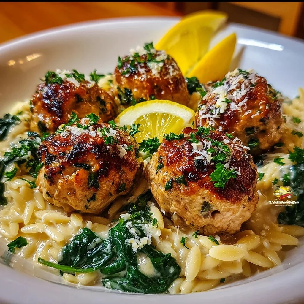Lemony Chicken Ricotta Meatballs served on Garlic Spinach Orzo
