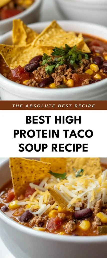 Low calorie high protein taco soup garnished with fresh cilantro and lime.