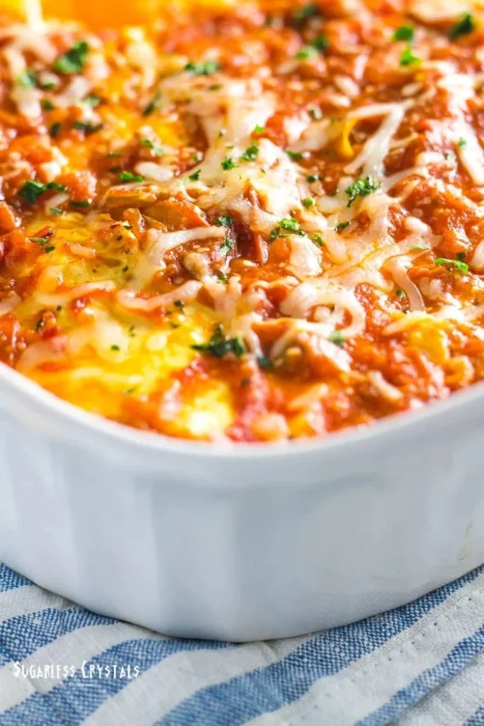 Low carb cabbage lasagna dish, keto and gluten-free recipe.