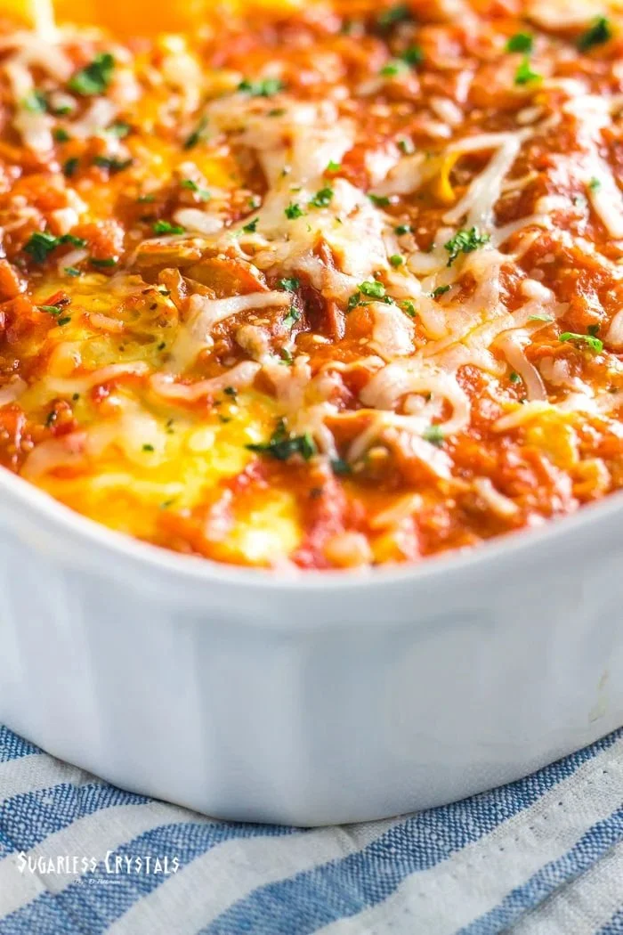 Low carb cabbage lasagna dish, keto and gluten-free recipe.