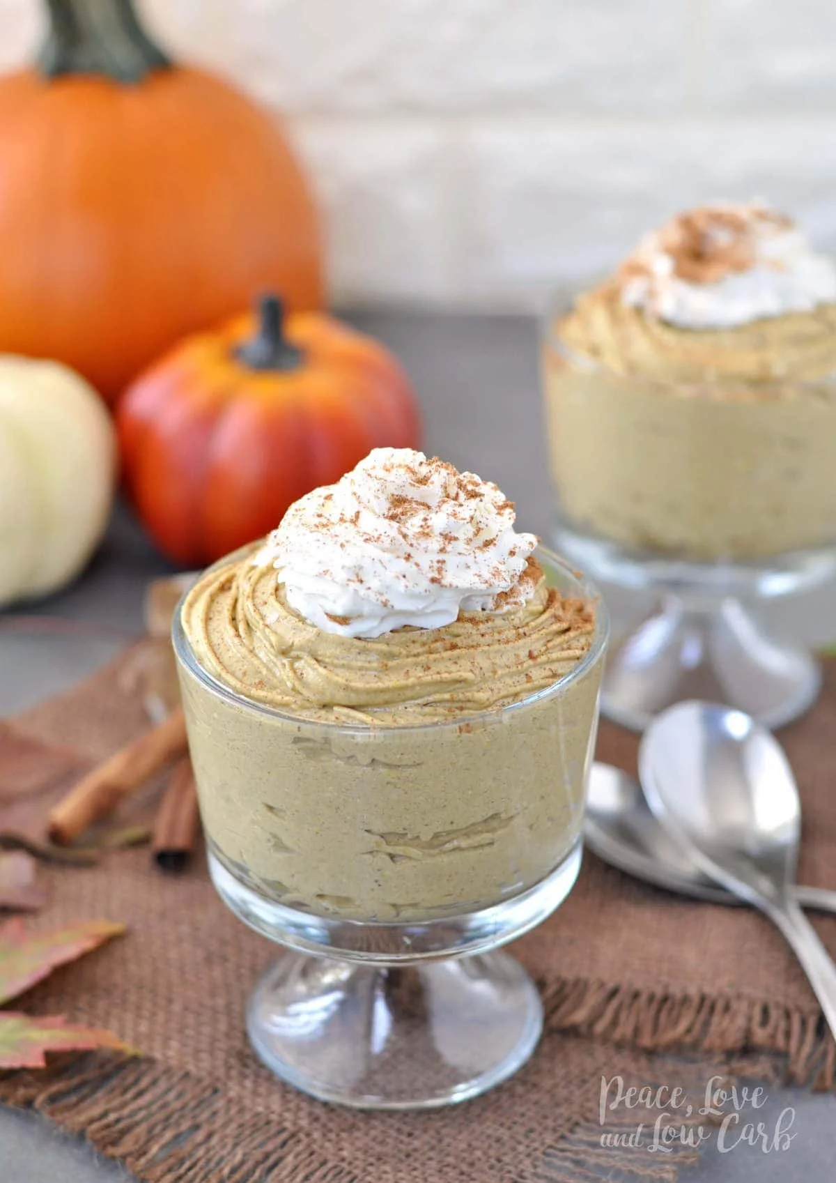 Delicious low carb pumpkin cheesecake mousse in a decorative bowl.