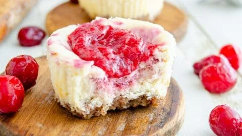 Delicious low carb white chocolate cran-raspberry mini cheesecakes