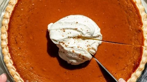 Slice of low-fuss less sugar pumpkin pie on a plate