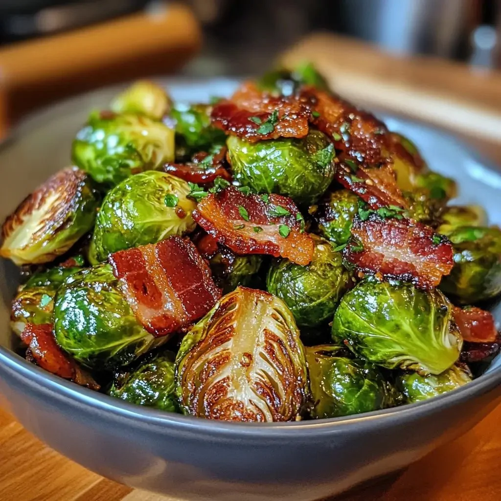Maple Bacon Brussels Sprouts dish with crispy bacon and caramelized sprouts